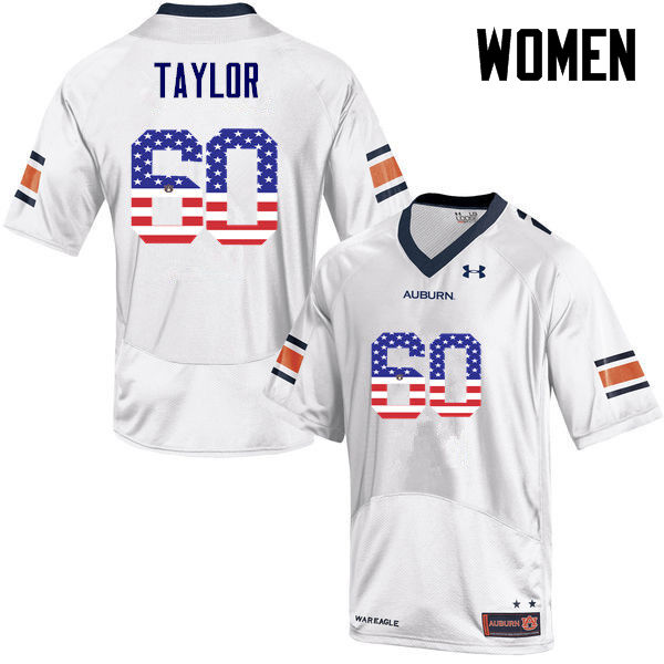 Women #60 Bill Taylor Auburn Tigers USA Flag Fashion College Football Jerseys-White
